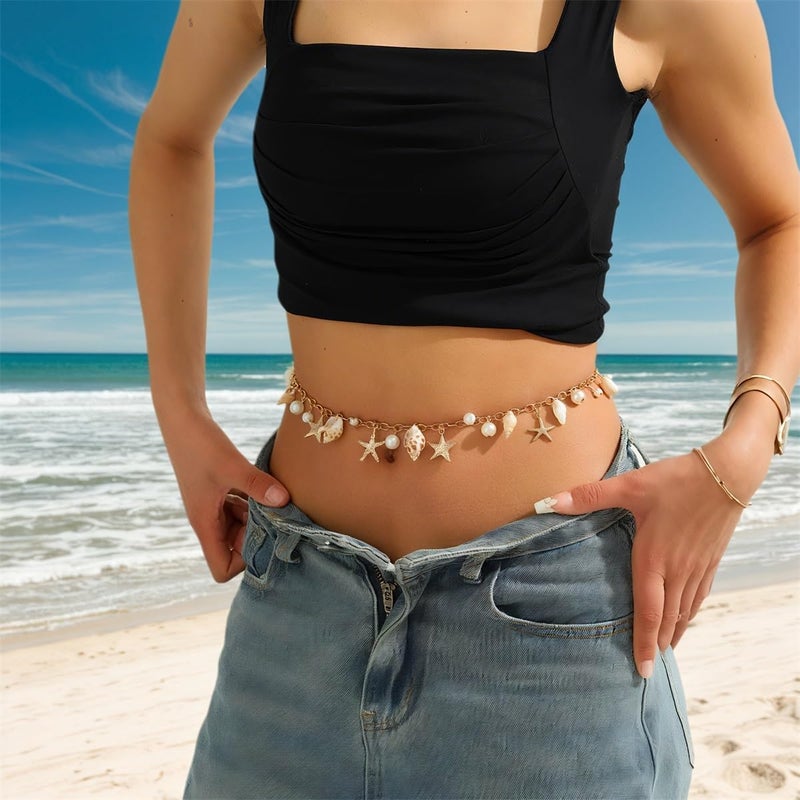 WanBigVa Seashell Starfish Waist Chain for Women Boho Conch Belly Body Chains Summer Beach Pearl Waist Body Jewelry - Image 2